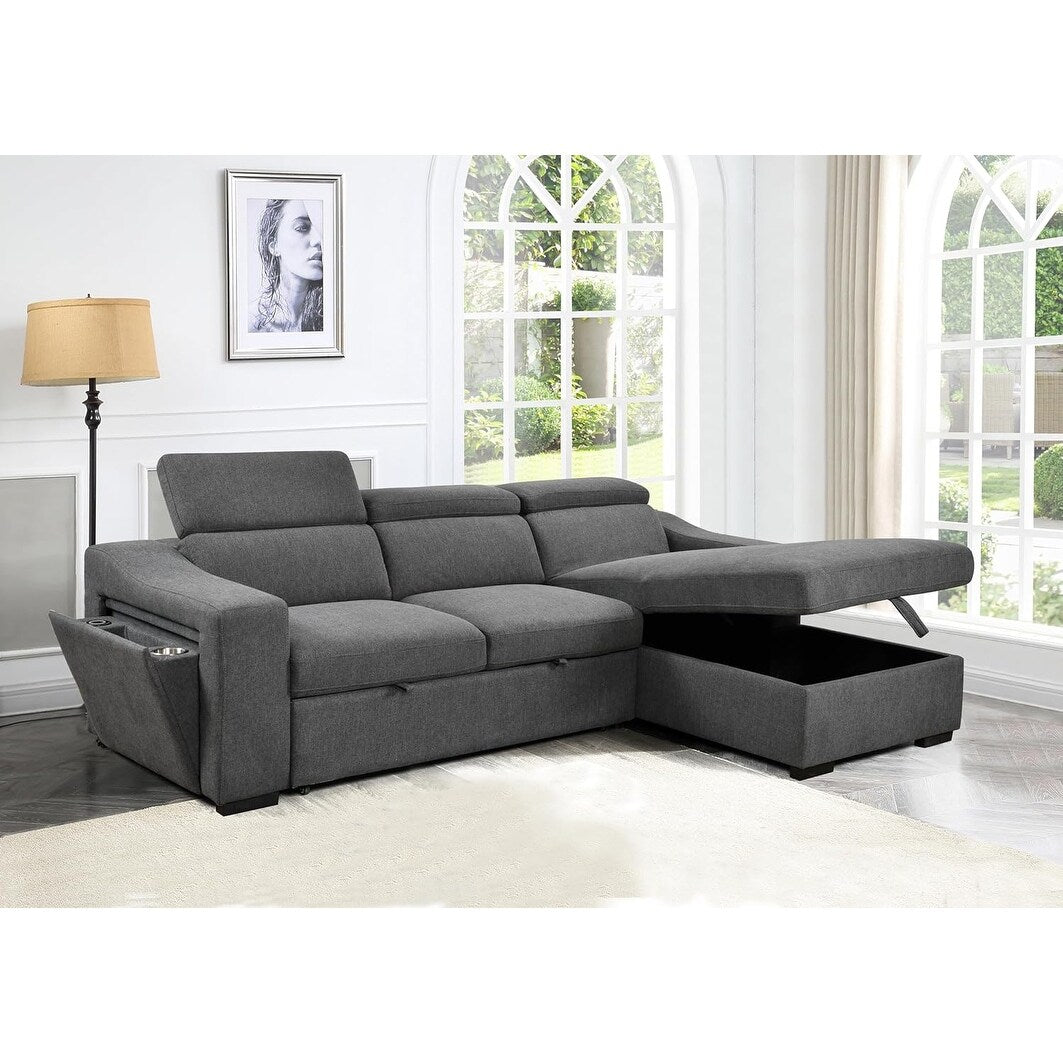 Roomfitters 103 Convertible Sectional Sofa with Storage Chaise, Adjustable Headrests, L-Shaped Sleeper Corner Sofa, Dark Gray
