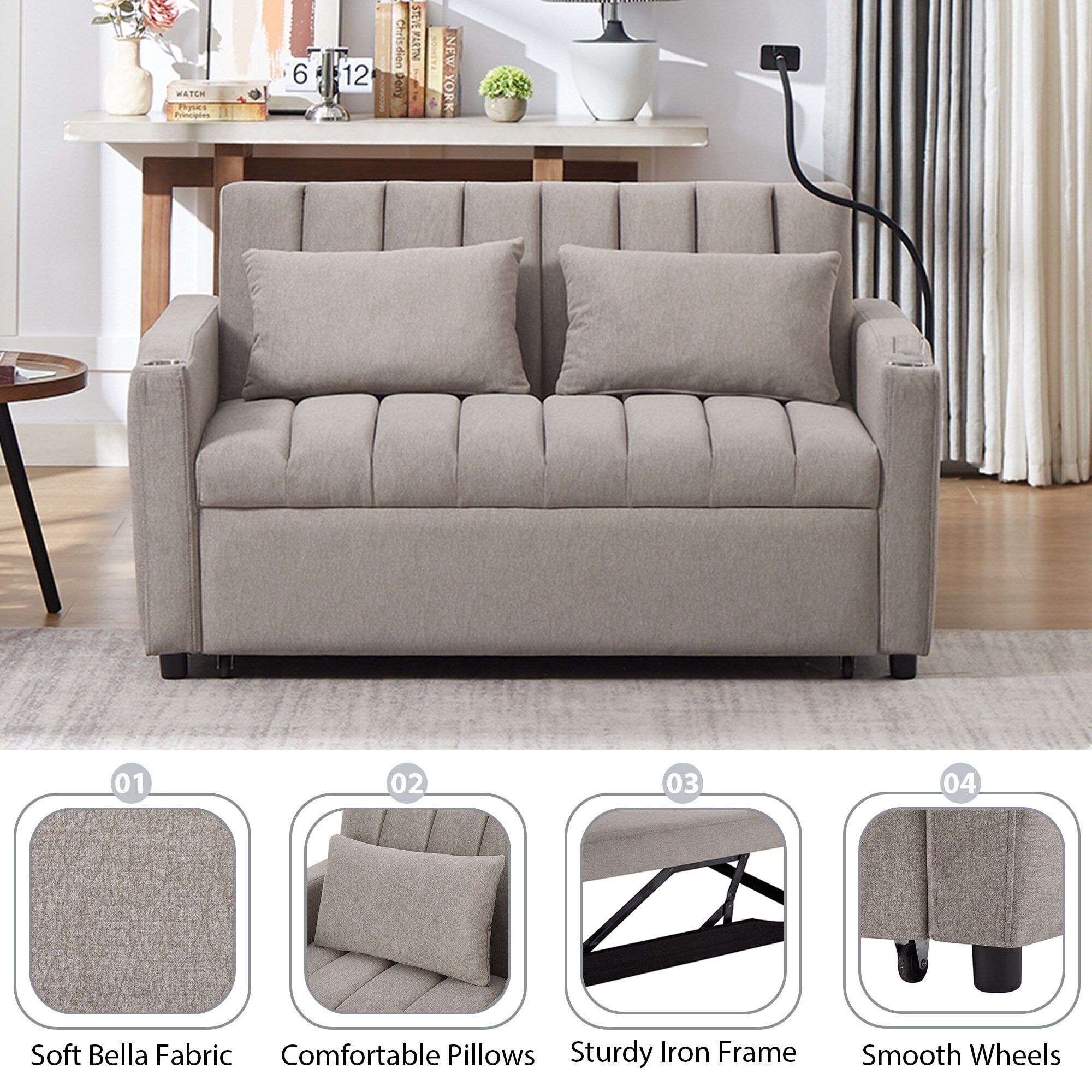 Roomfitters Convertible Loveseat Sofa Bed with USB Ports, Side Pockets, Cup Holders, and Swivel Phone Holder for Living Room