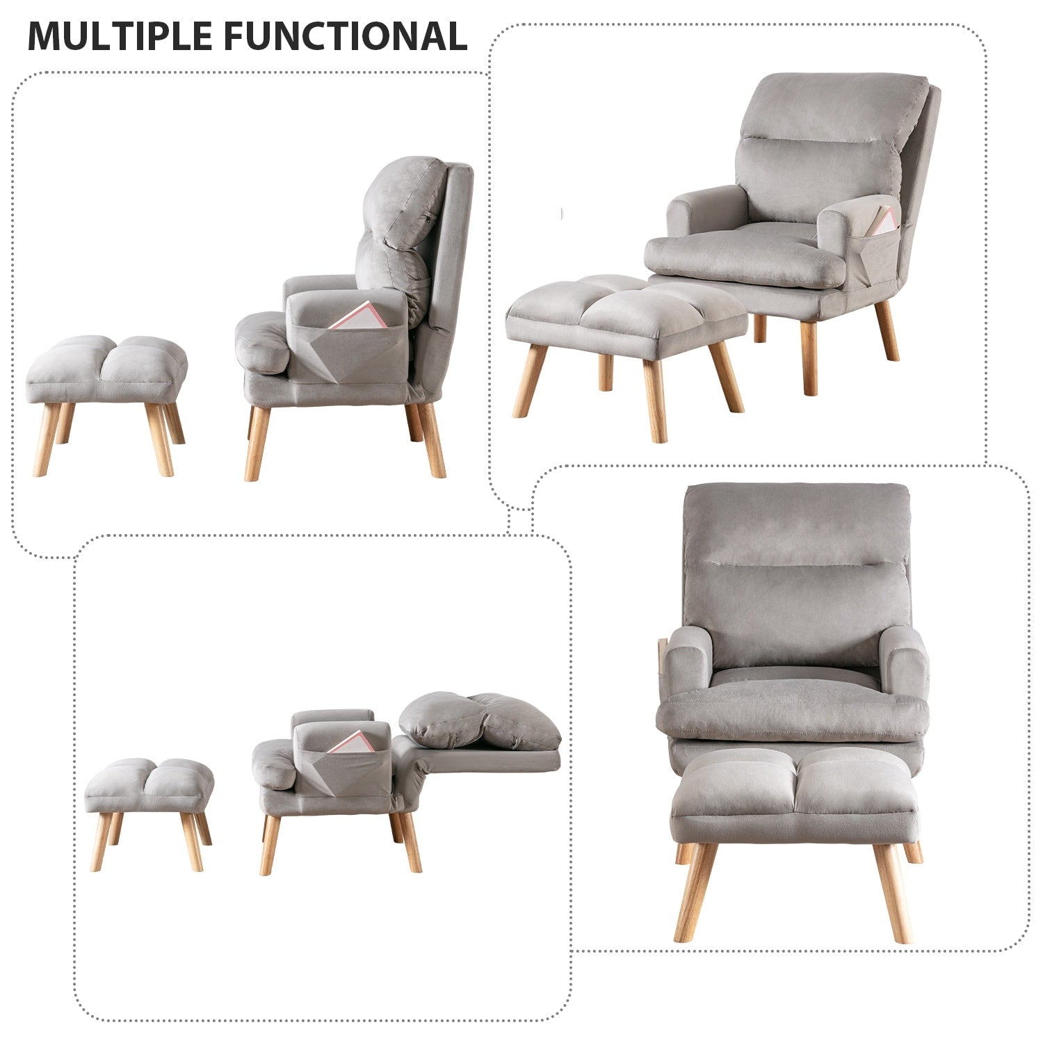 Soft Fabric Casual Living Room Armchair With Adjustable Backrest And Legs Stool