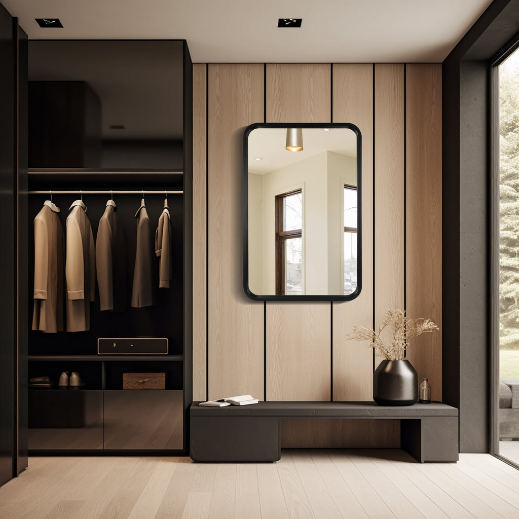 Round Corner Rectangle Farm Wall Mirror with Solid Wood Frame