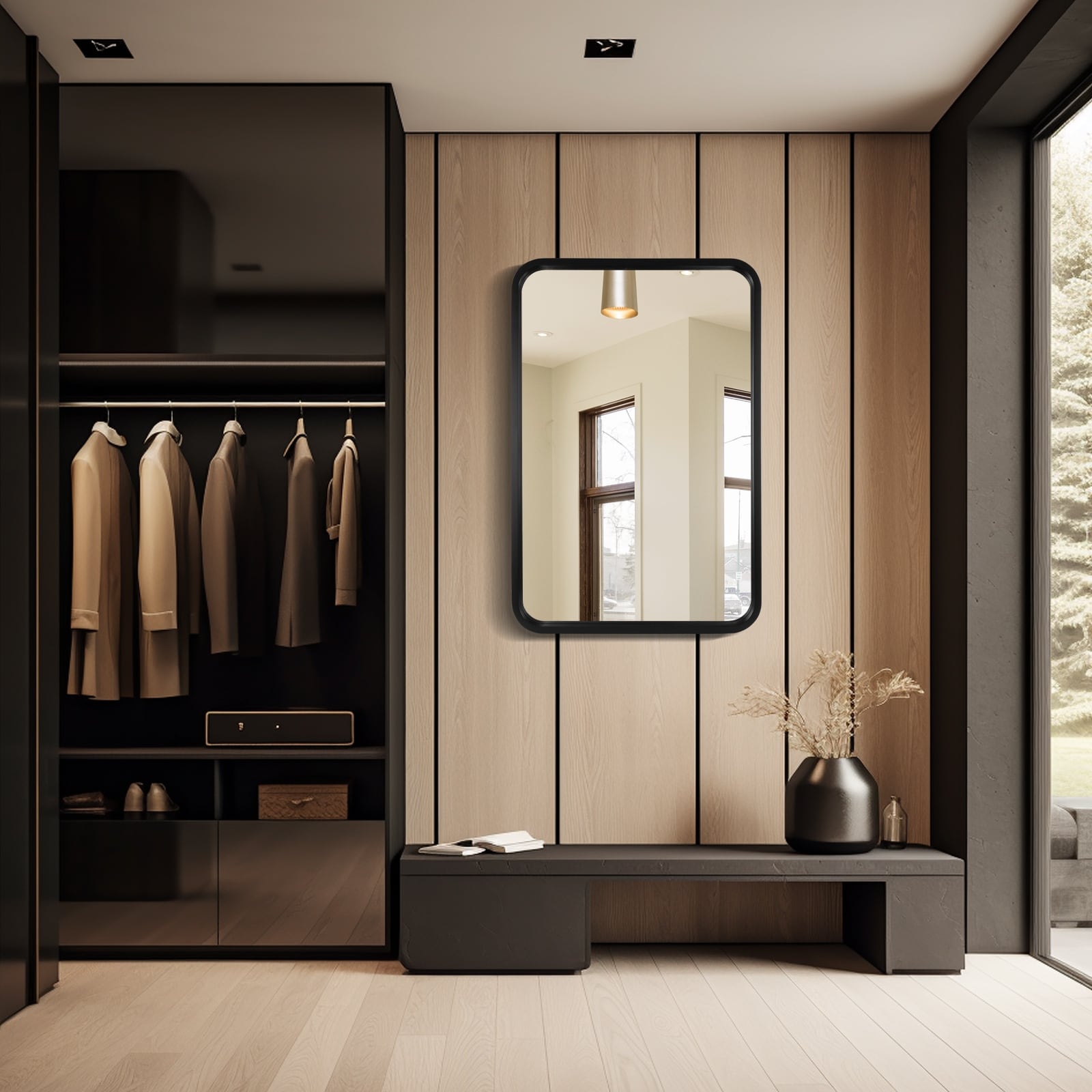 Round Corner Rectangle Farm Wall Mirror with Solid Wood Frame