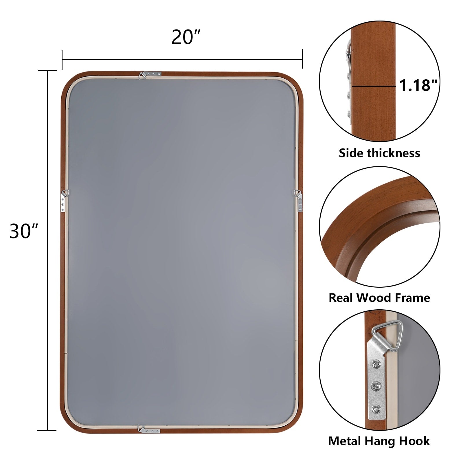 Round Corner Rectangle Farm Wall Mirror with Solid Wood Frame