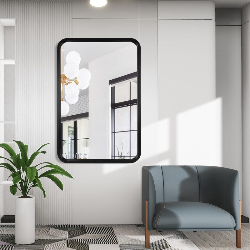 Round Corner Rectangle Farm Wall Mirror with Solid Wood Frame