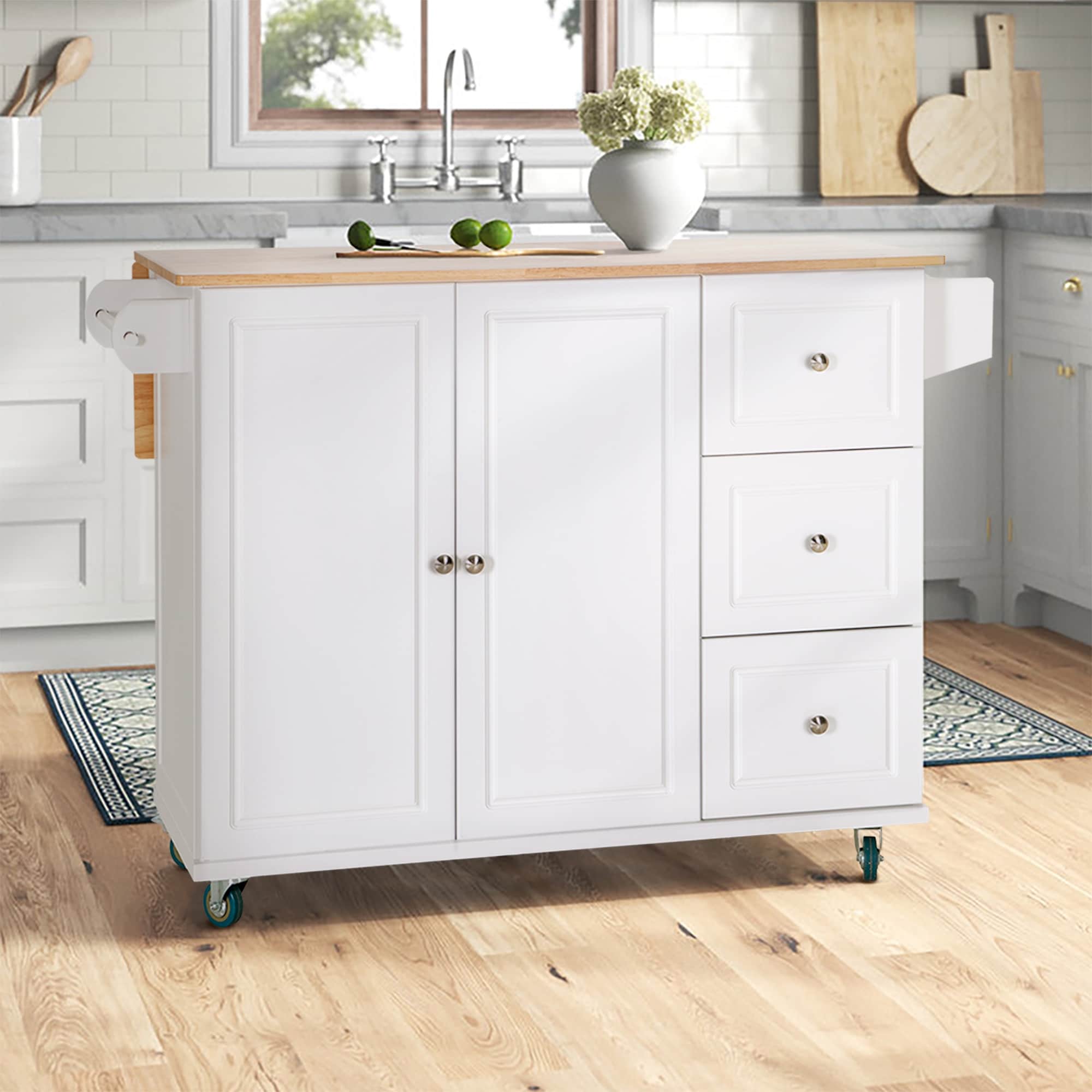 Sophia & William Kitchen Island Cart with Drop-Leaf and Rubber Wood Top, Rolling Kitchen Trolley Cart with Large Storage Cabinet