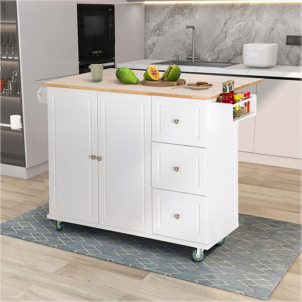 Sophia & William Kitchen Island Cart with Drop-Leaf and Rubber Wood Top, Rolling Kitchen Trolley Cart with Large Storage Cabinet