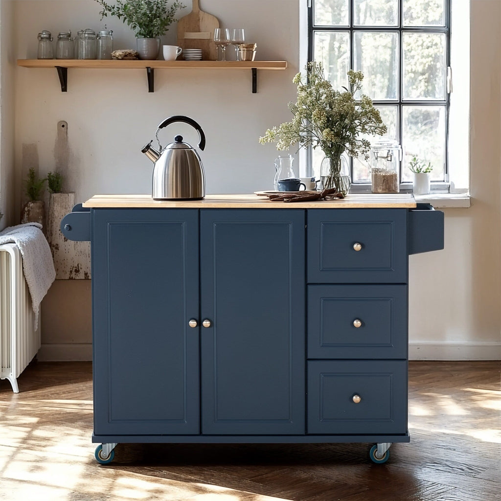Sophia & William Kitchen Island Cart with Drop-Leaf and Rubber Wood Top, Rolling Kitchen Trolley Cart with Large Storage Cabinet