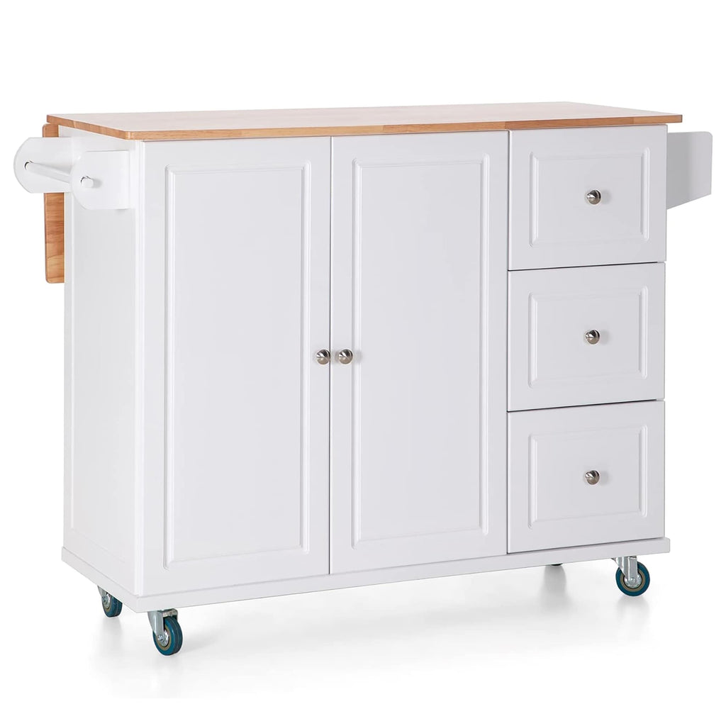Sophia & William Kitchen Island Cart with Drop-Leaf and Rubber Wood Top, Rolling Kitchen Trolley Cart with Large Storage Cabinet