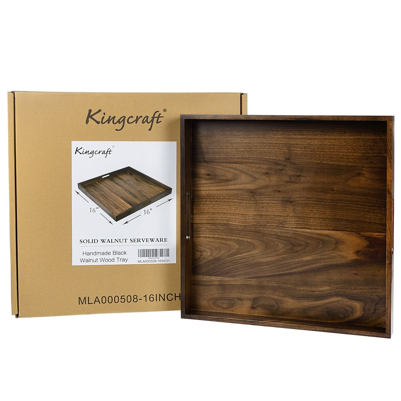 KINWELL Square Black Walnut Wood Serving Tray Ottoman Tray with Handles