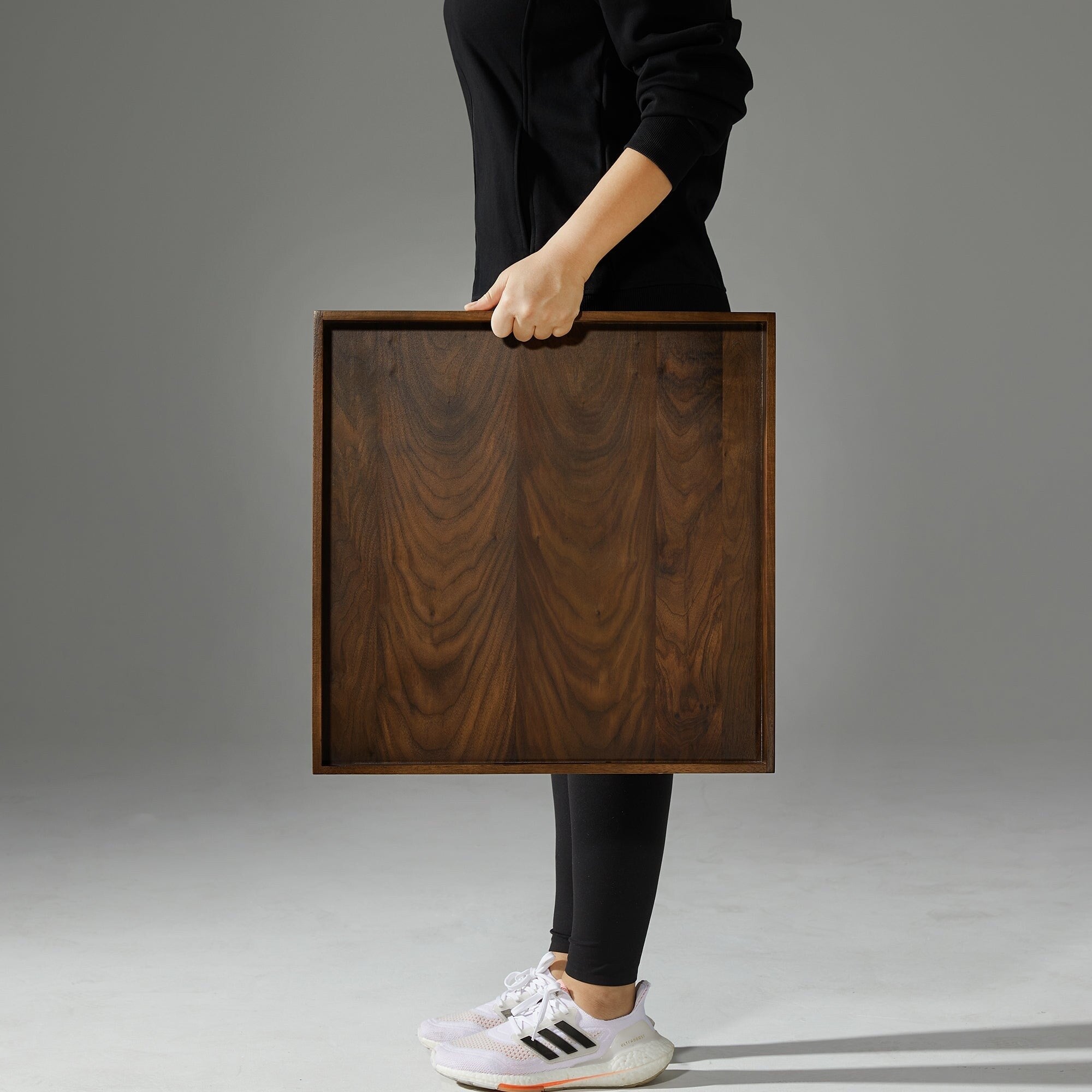 KINWELL Square Black Walnut Wood Serving Tray Ottoman Tray with Handles