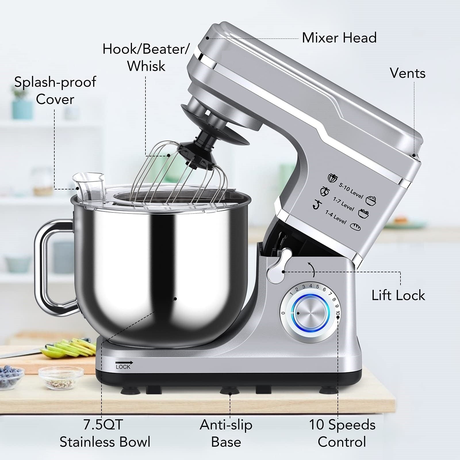 Stand Mixer - 7.5QT Capacity, 10-Speed Settings, 660W Motor