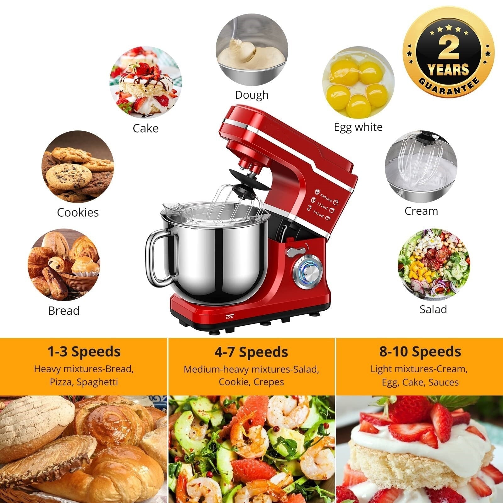 Stand Mixer - 7.5QT Capacity, 10-Speed Settings, 660W Motor