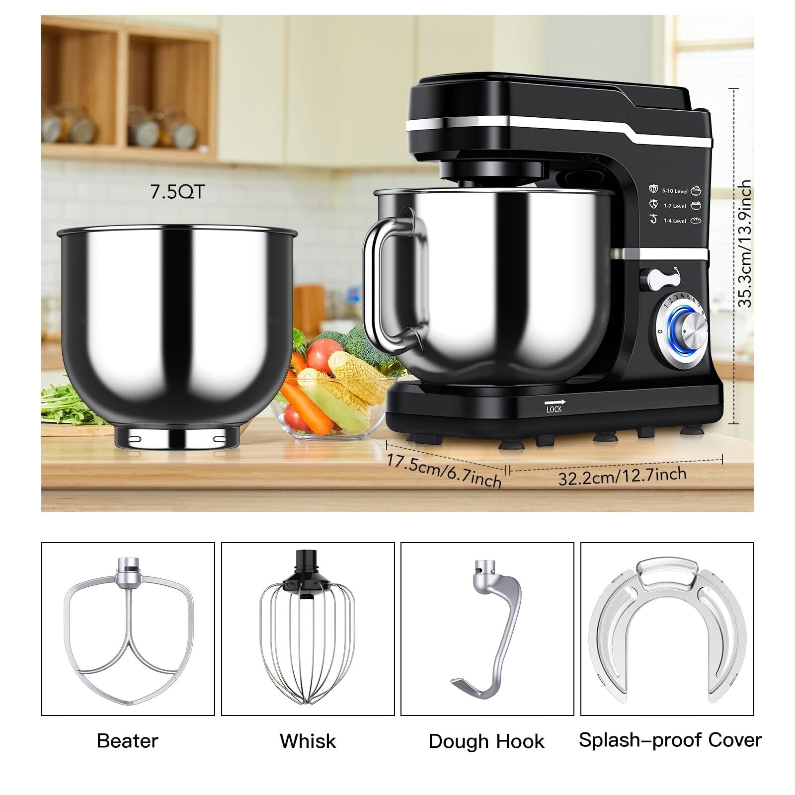 Stand Mixer - 7.5QT Capacity, 10-Speed Settings, 660W Motor