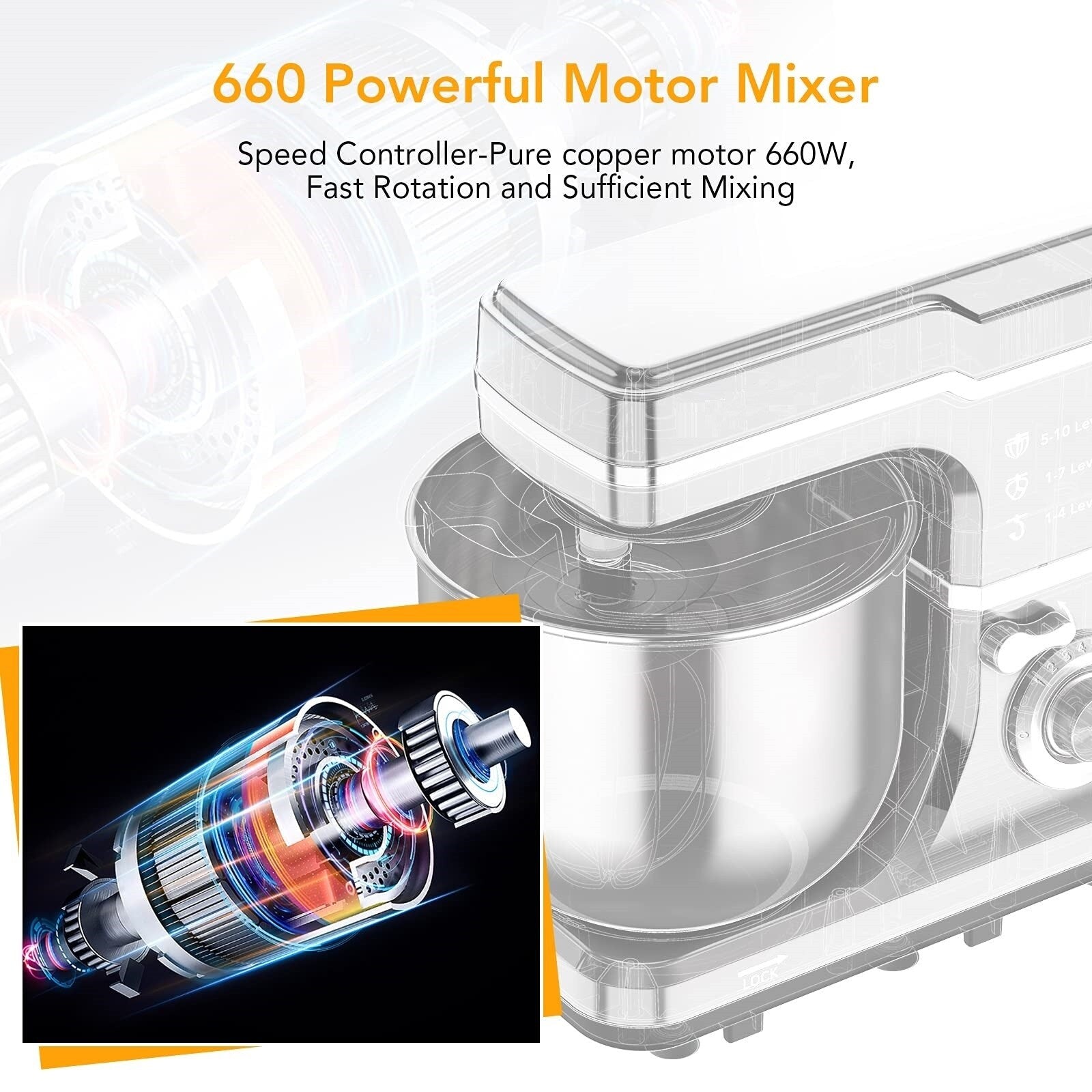 Stand Mixer - 7.5QT Capacity, 10-Speed Settings, 660W Motor