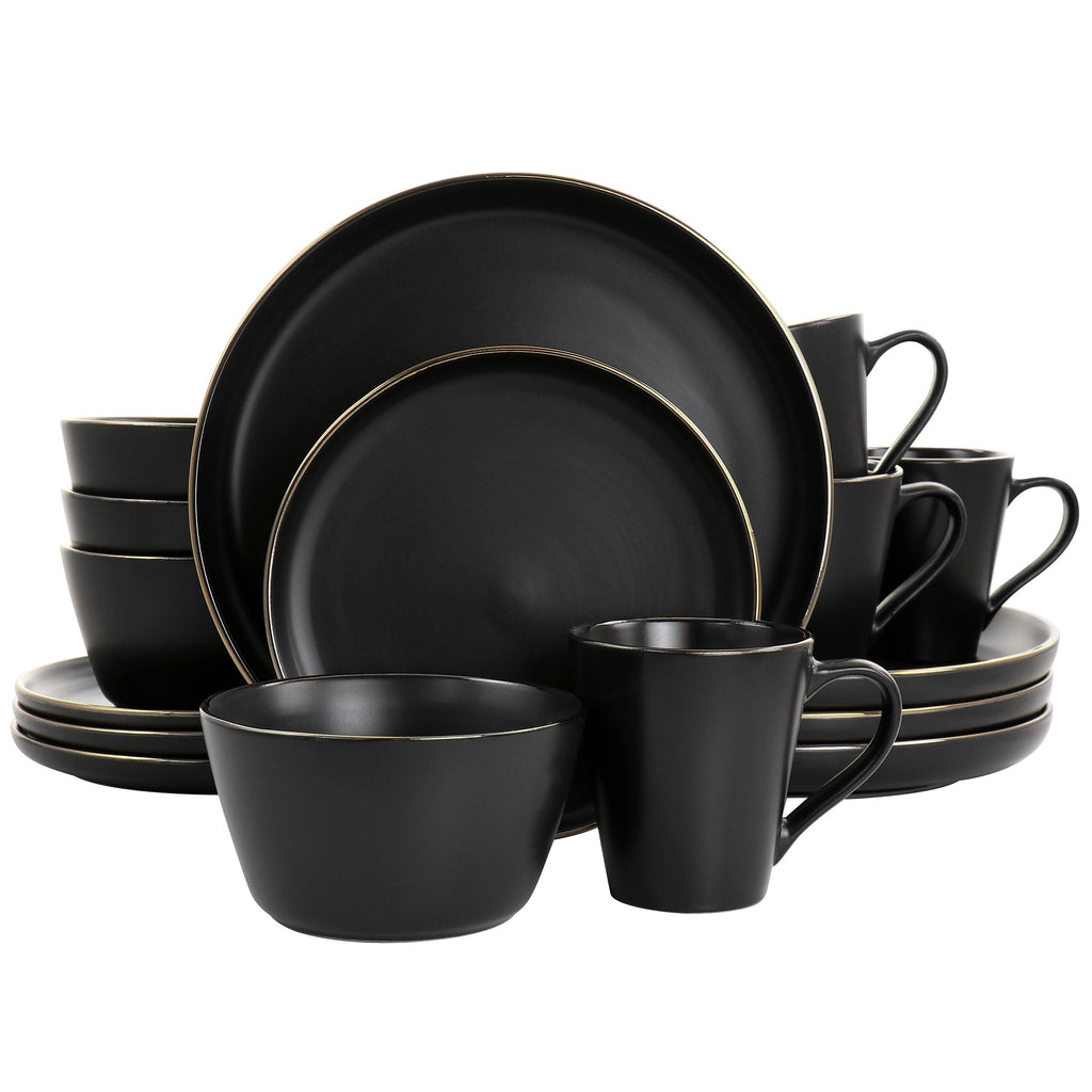 Stoneware Dinnerware 16 Piece Set in Black with Gold Rim