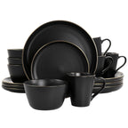Stoneware Dinnerware 16 Piece Set in Black with Gold Rim