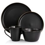 Stoneware Dinnerware 16 Piece Set in Black with Gold Rim