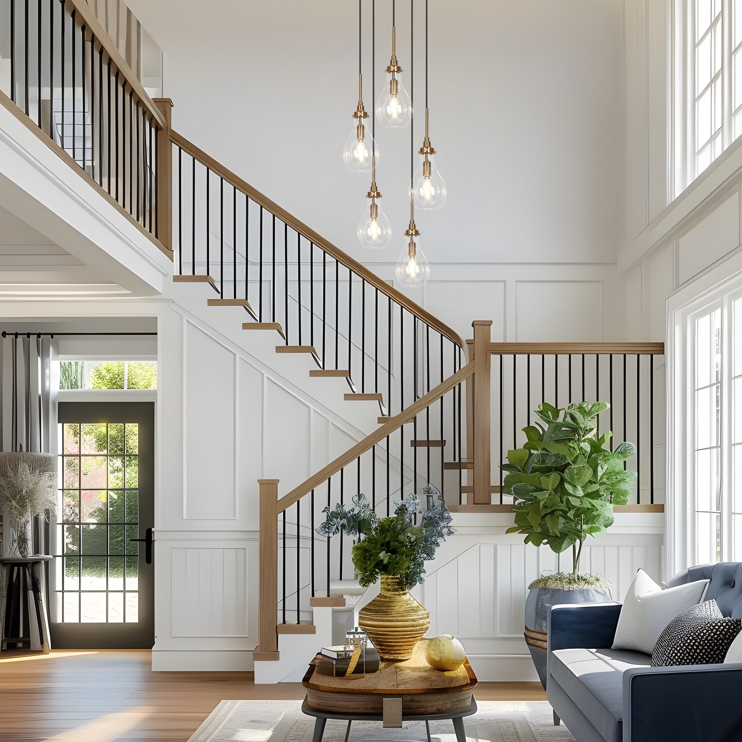 Synia Modern 5-Light Cluster Teardrop Glass Chandelier Stair Entryway Pendant Light for High Ceiling - D15'' x H18.2-74.2''