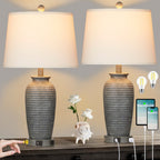 Grey Resin Table Lamps with 3-way Touch Dimming Switch USB Charging Port and AC Outlet (Set of 2)