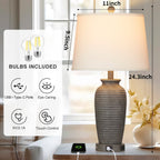 Grey Resin Table Lamps with 3-way Touch Dimming Switch USB Charging Port and AC Outlet (Set of 2)