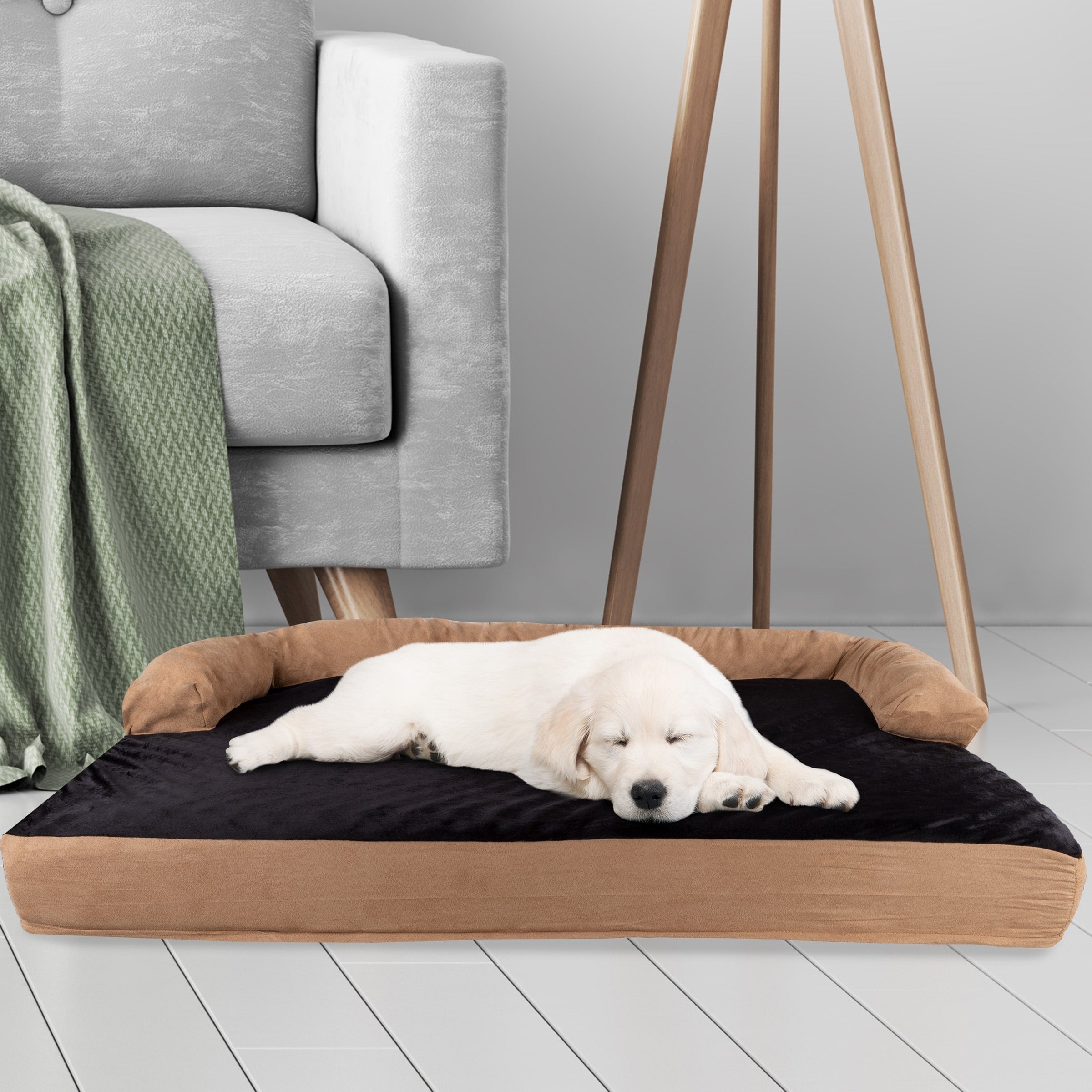 Tan/Black Pet Bed - 3-Layer Orthopedic Dog Sofa with Cooling Gel, Memory Foam and Neck Bolster