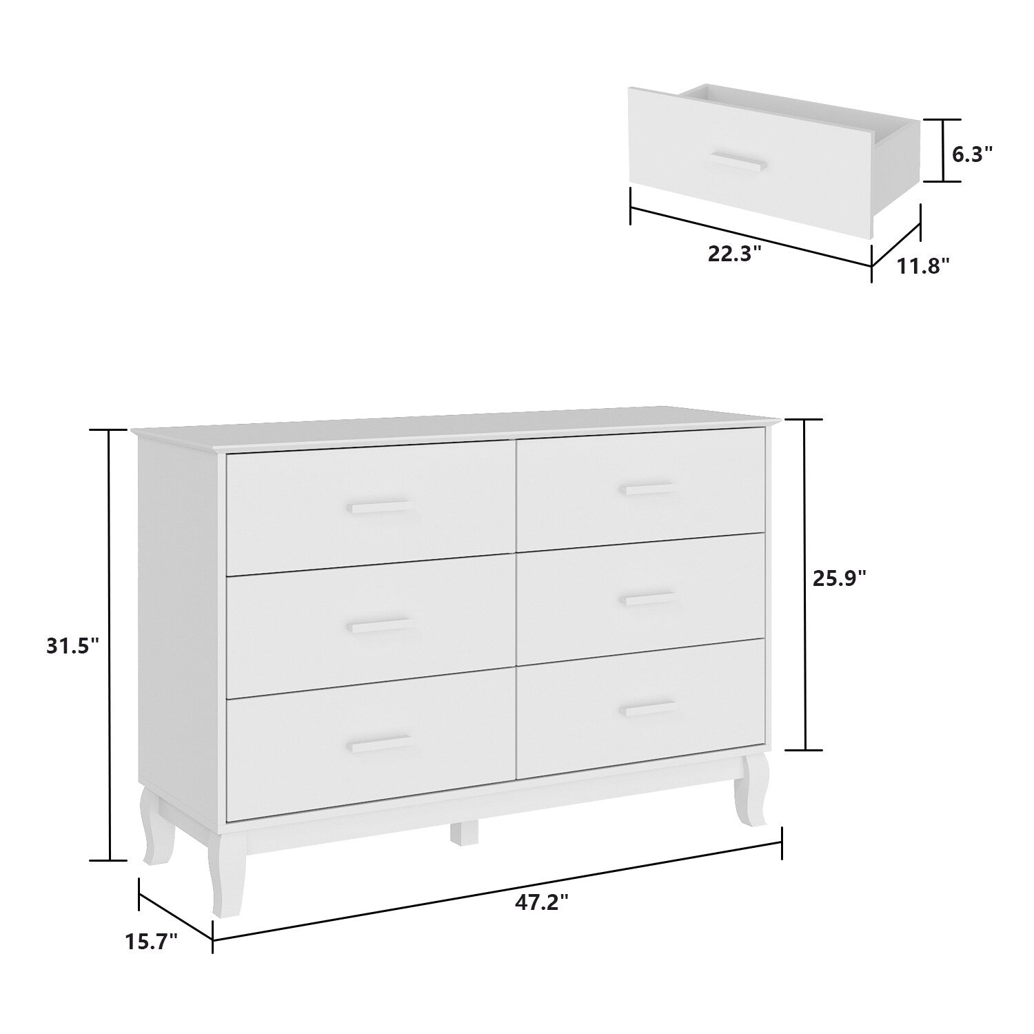Timechee 6 Drawer 47.2''W Double Dresser Solid Wood Legs Lacquer Chest