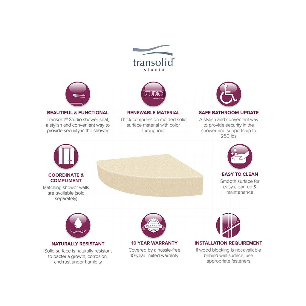 Transolid Studio 14-In X 14-In Solid Surface Wall-Mount Corner Shower Seat - 14.5 x 14.25 x 3