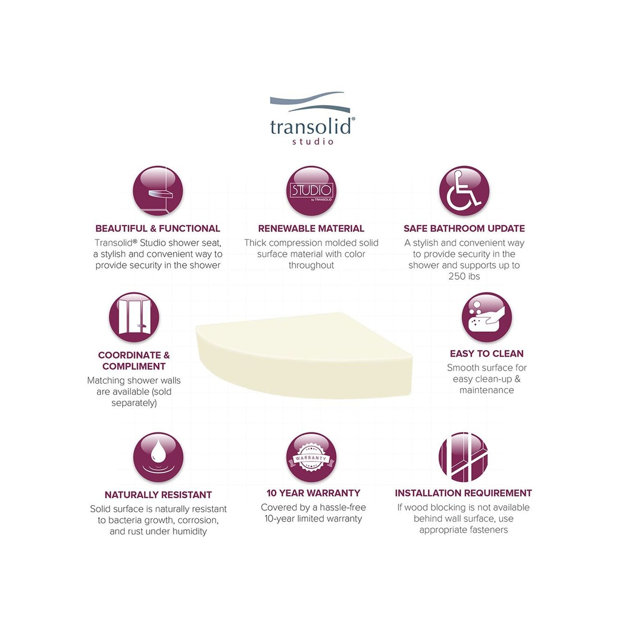 Transolid Studio 14-In X 14-In Solid Surface Wall-Mount Corner Shower Seat - 14.5 x 14.25 x 3