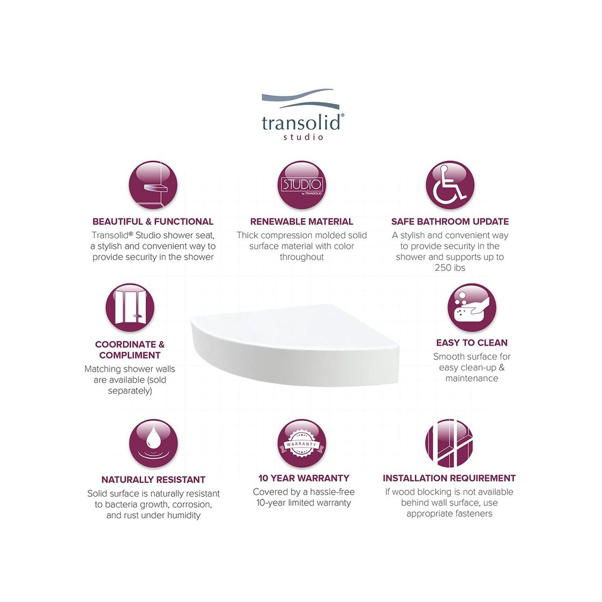 Transolid Studio 14-In X 14-In Solid Surface Wall-Mount Corner Shower Seat - 14.5 x 14.25 x 3