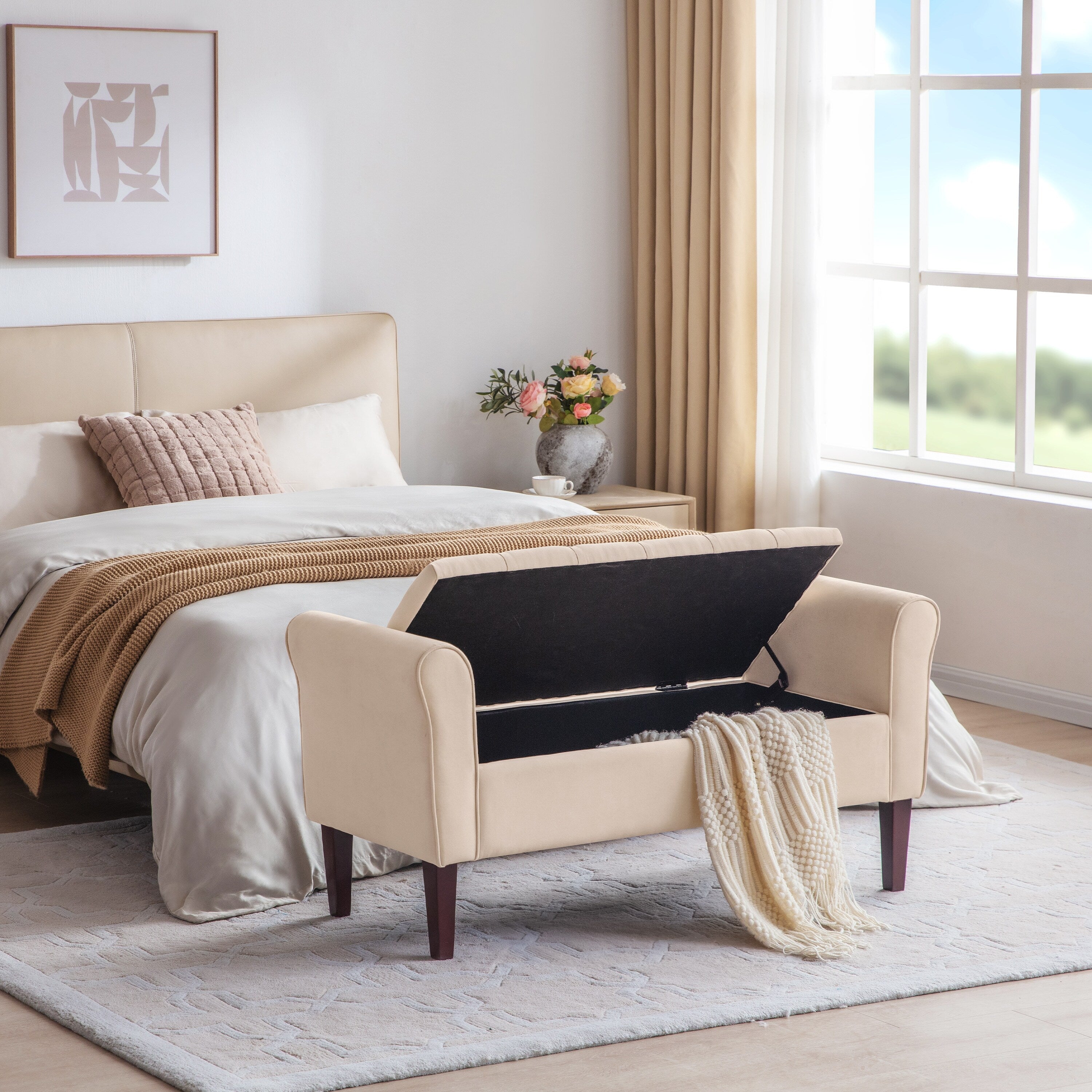 Upholstered Storage Bench Arm Bench Entryway Bench with Tufted Flip Top 50.4 Inches