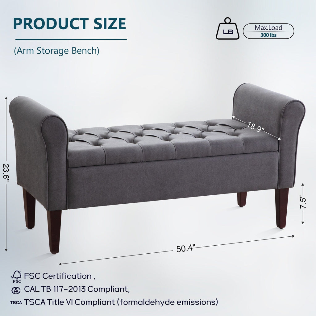 Upholstered Storage Bench Arm Bench Entryway Bench with Tufted Flip Top 50.4 Inches