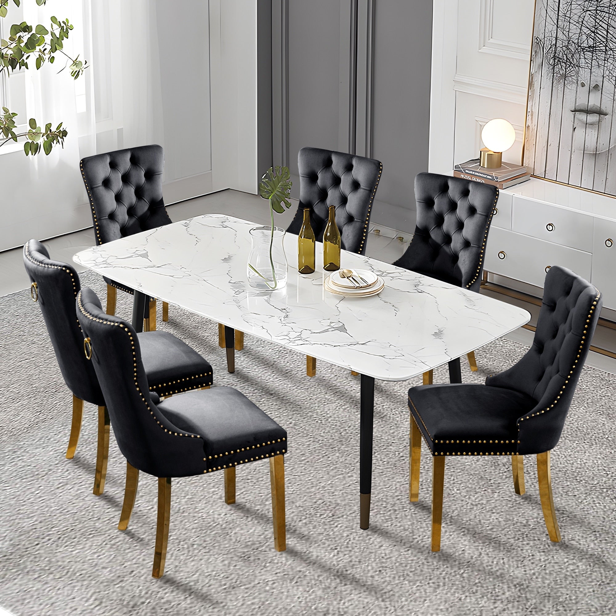 Upholstered Tufted Velvet Dining Chair with Solid Wood Legs Set of 6