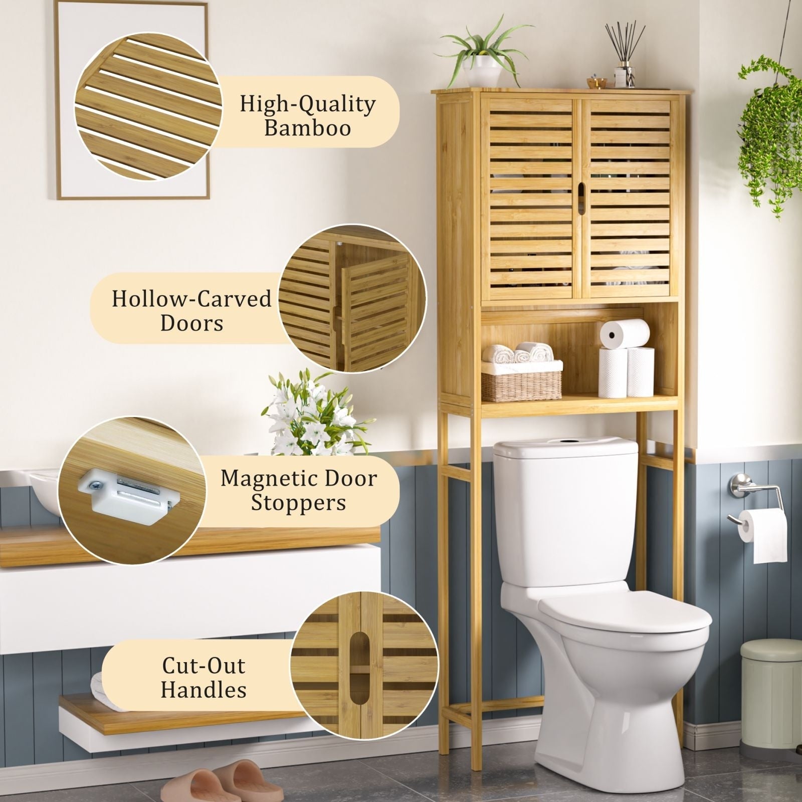 VEIKOUS Bamboo Over The Toilet Storage Cabinet Cupboard Bathroom Organizer with Adjustable Shelf and Double Doors