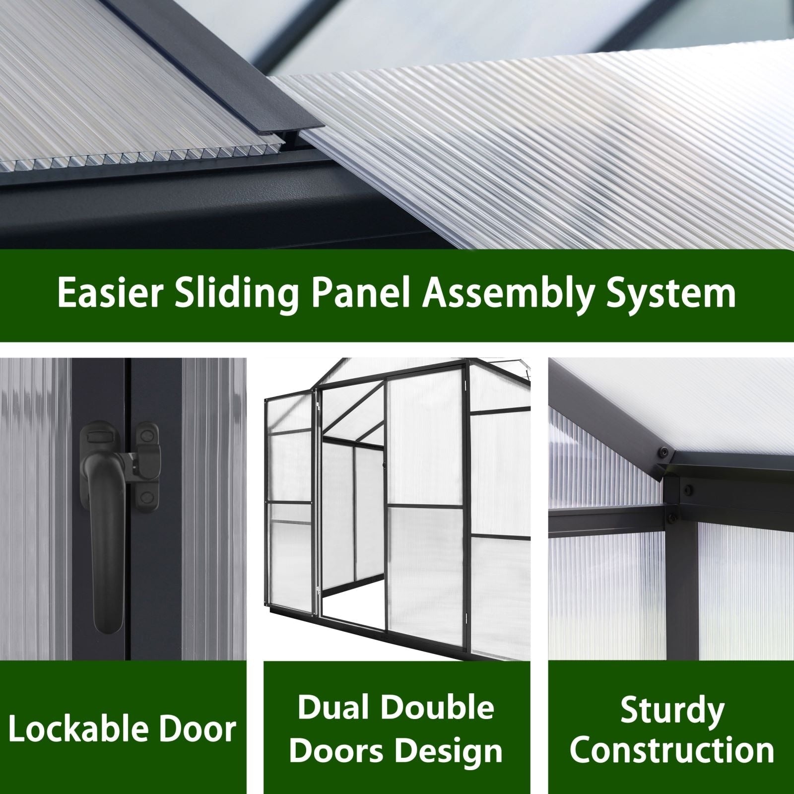 VEIKOUS Aluminum Walk-In Garden Greenhouse Kit with Adjustable Roof Vent and Lockable Door Grey