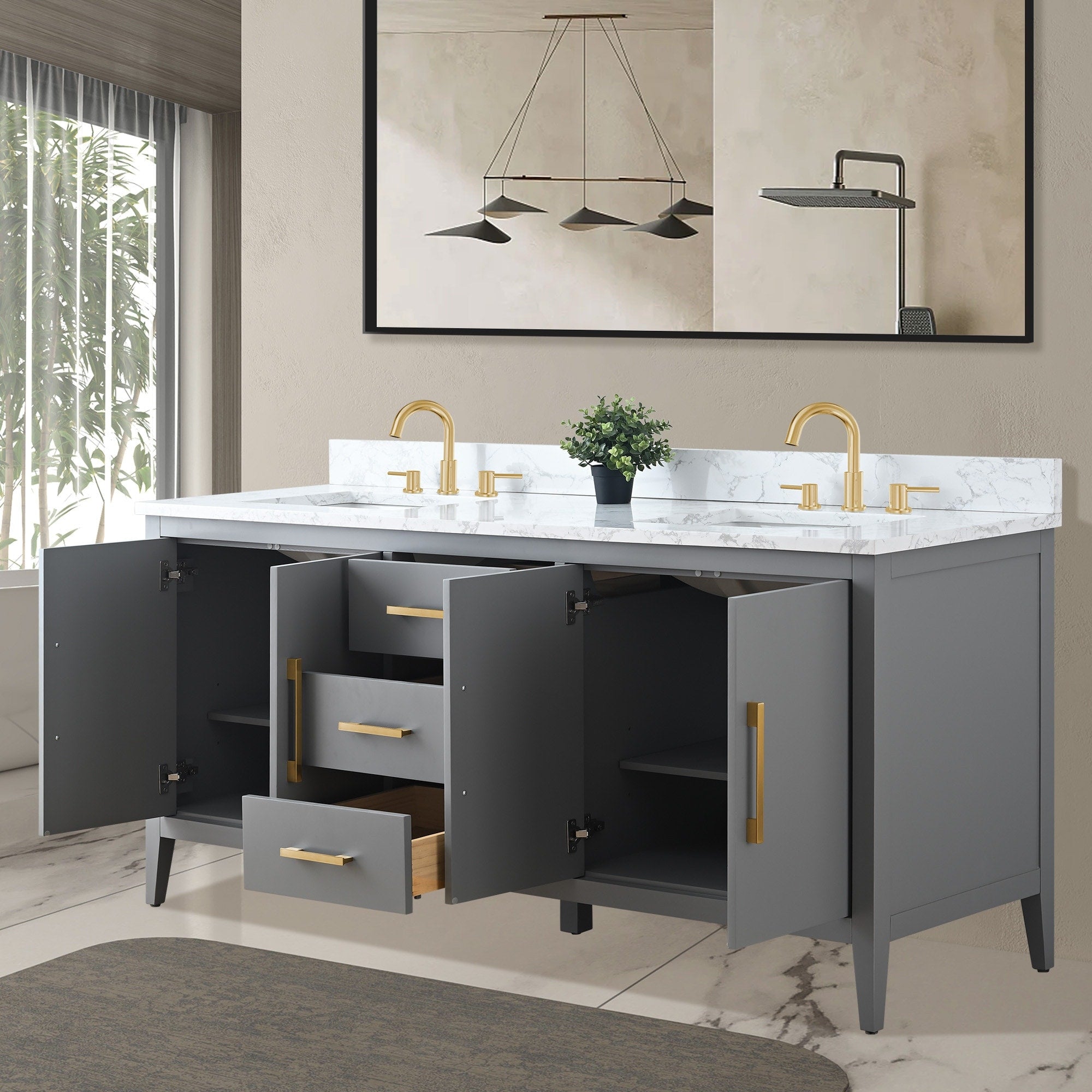 Vanity Art 72 Double Sink Bathroom Vanity Cabinet with Engineered Marble Top