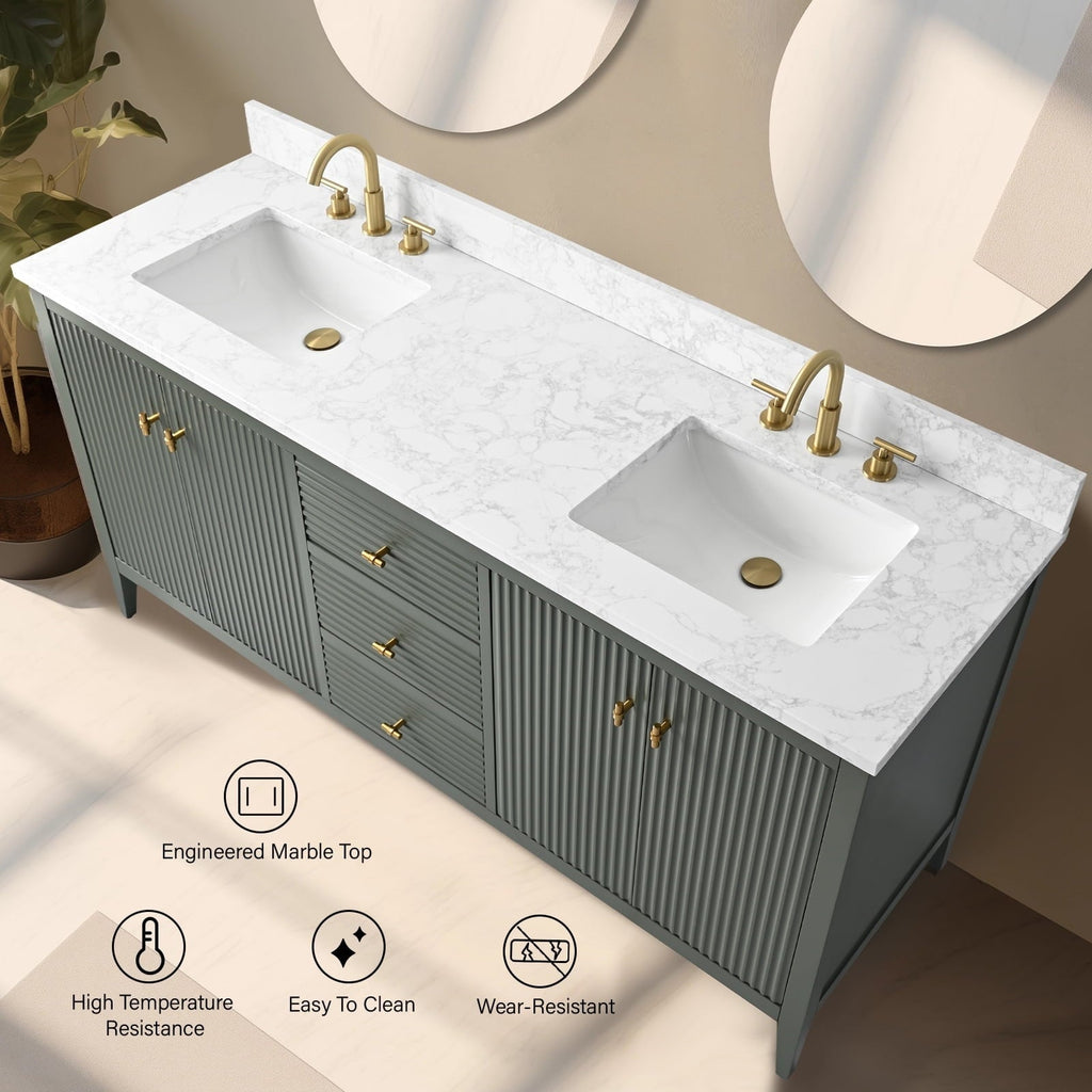 Vanity Art 72 Double Sink Bathroom Vanity Cabinet with Engineered Marble Top