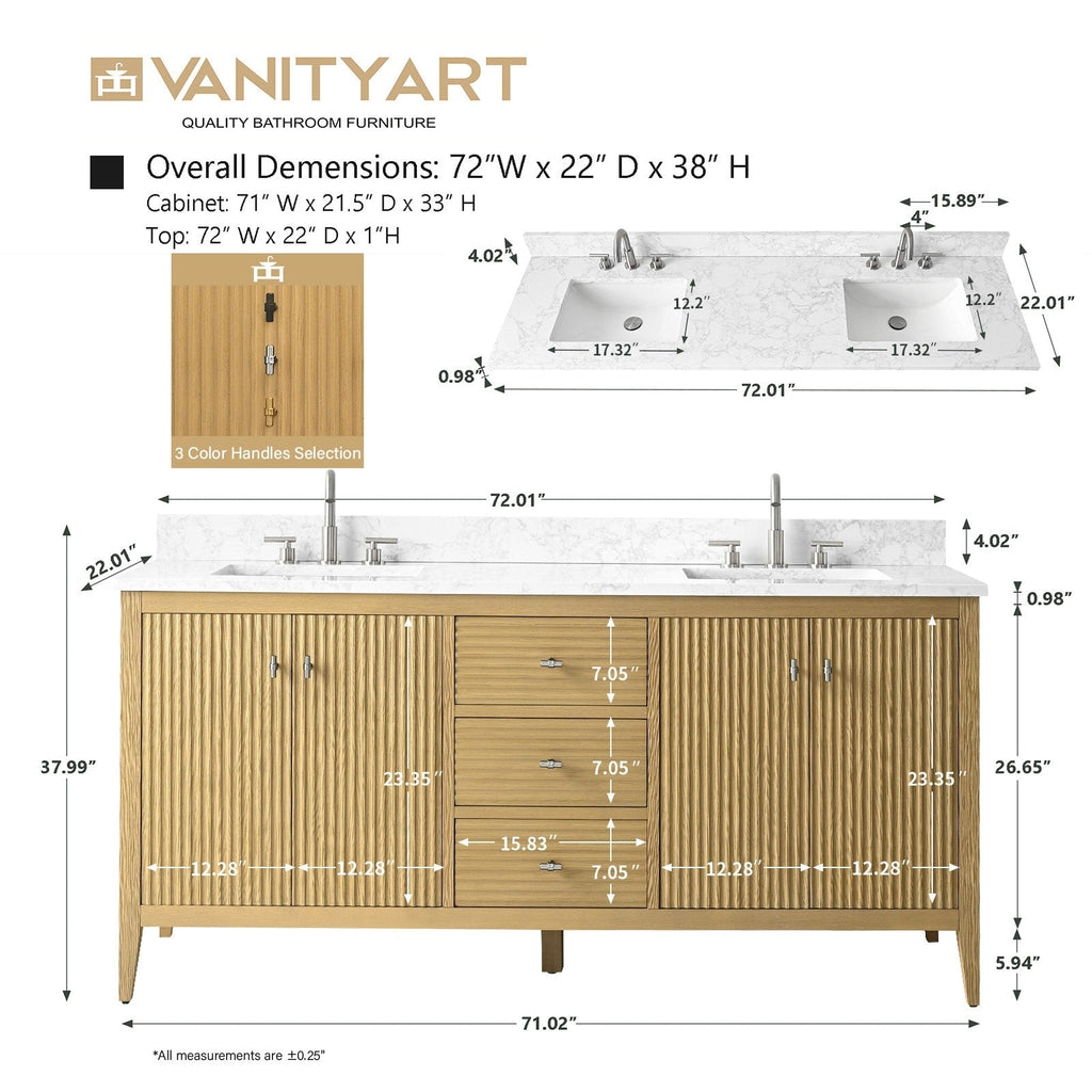 Vanity Art 72 Double Sink Bathroom Vanity Cabinet with Engineered Marble Top