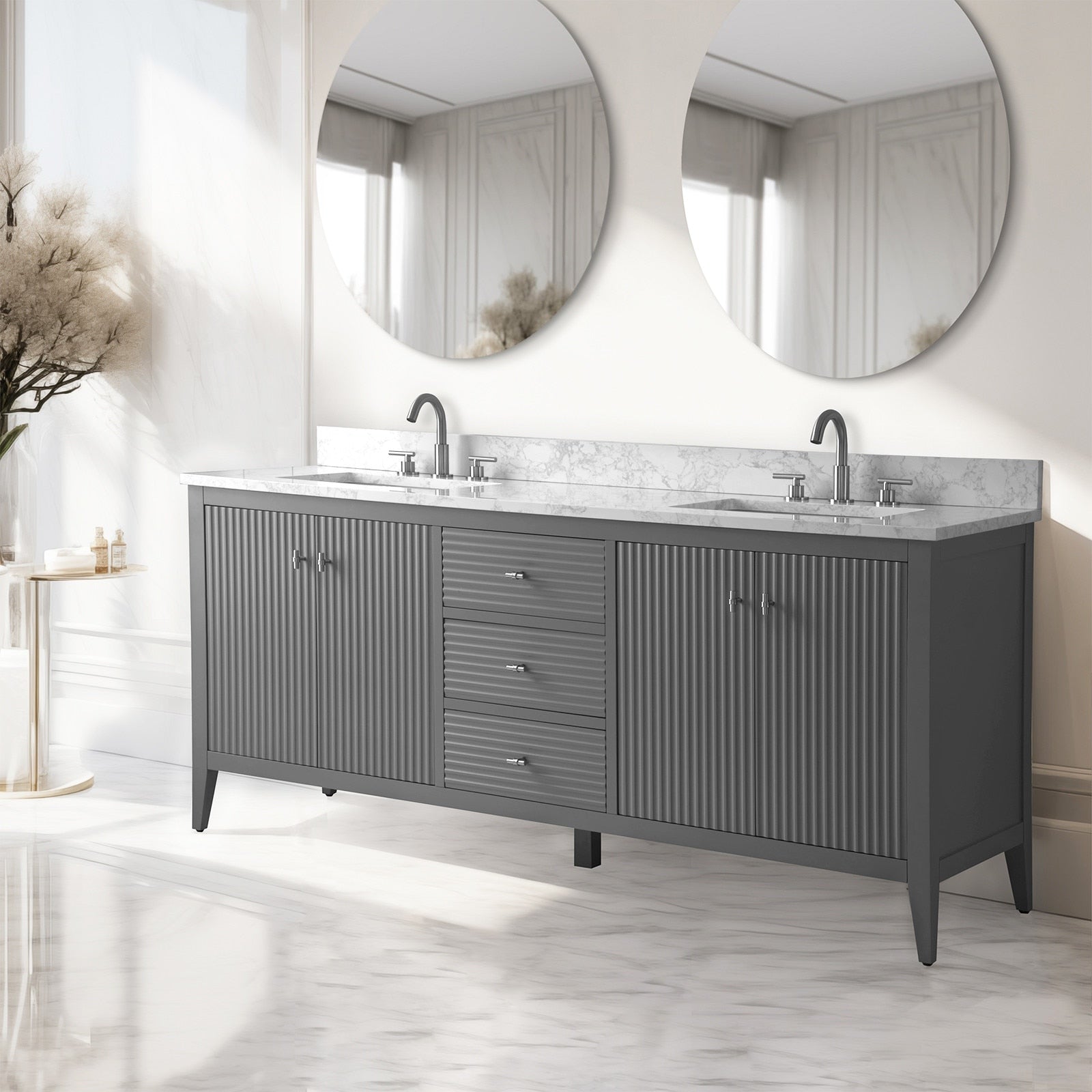 Vanity Art 72 Double Sink Bathroom Vanity Cabinet with Engineered Marble Top