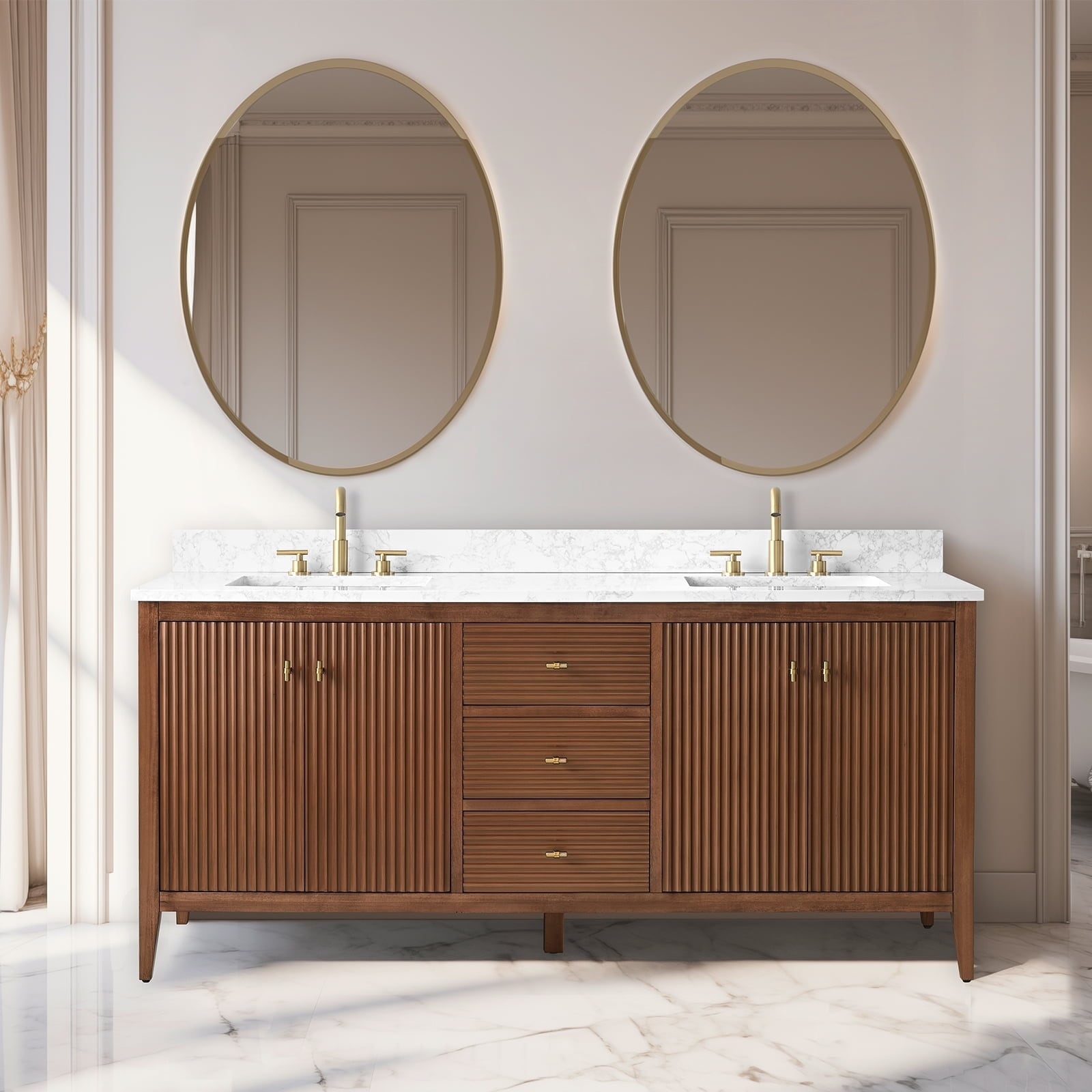 Vanity Art 72 Double Sink Bathroom Vanity Cabinet with Engineered Marble Top