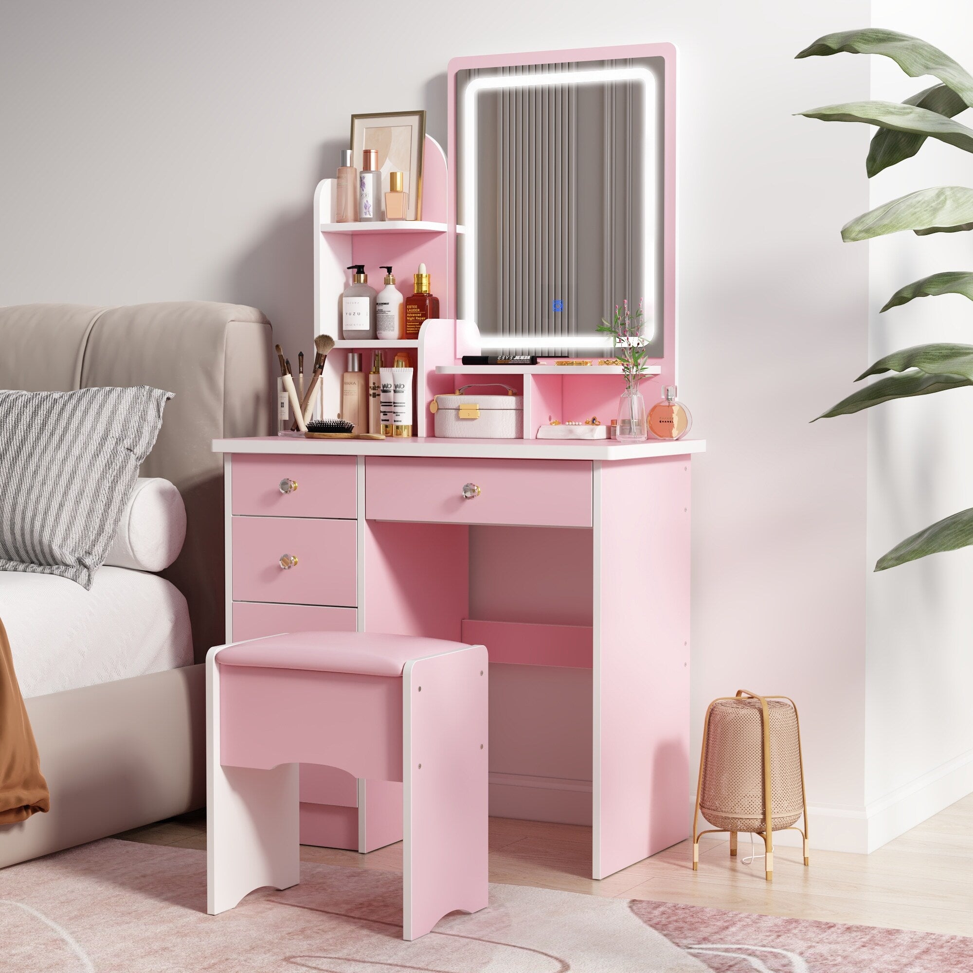 Vanity Set With Mirror and Lamp Home Makeup Dressing Table with Stool