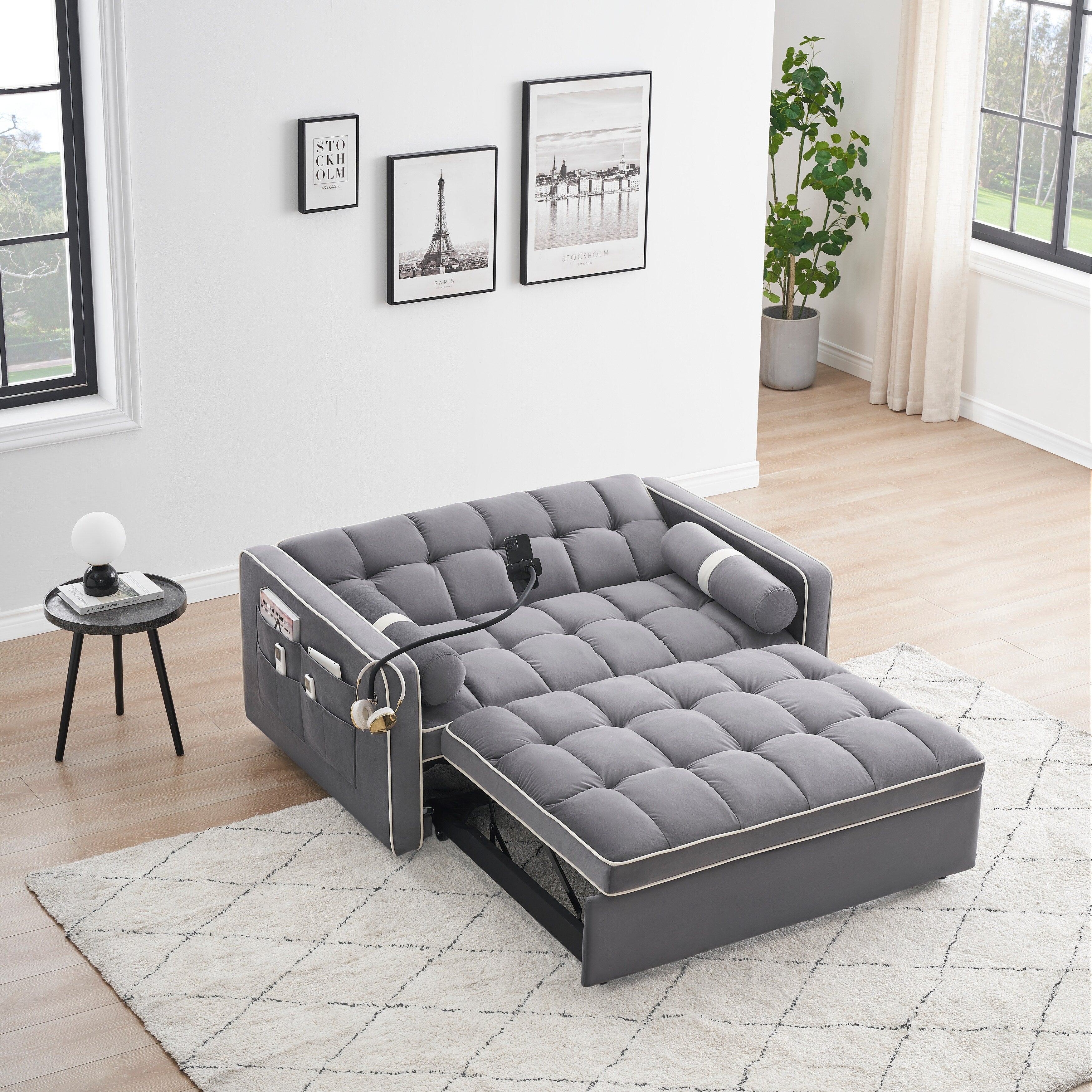 Velvet Convertible 55'' 2-Seater Sleeper Sofa with Pull-Out Bed, Adjustable Recline, Side Pockets, and Phone Holder