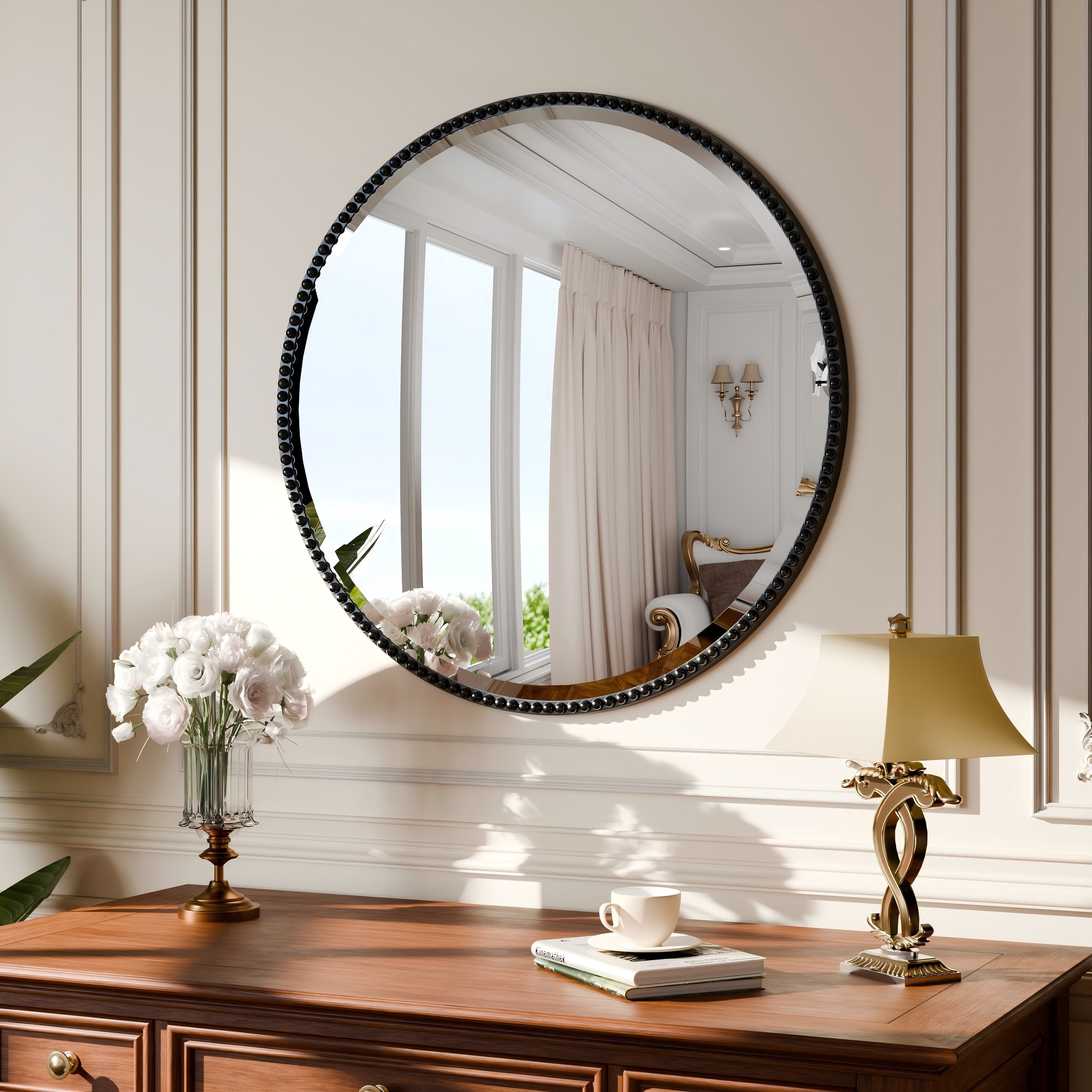 Vintage Round Bathroom Mirror with Beaded Frame