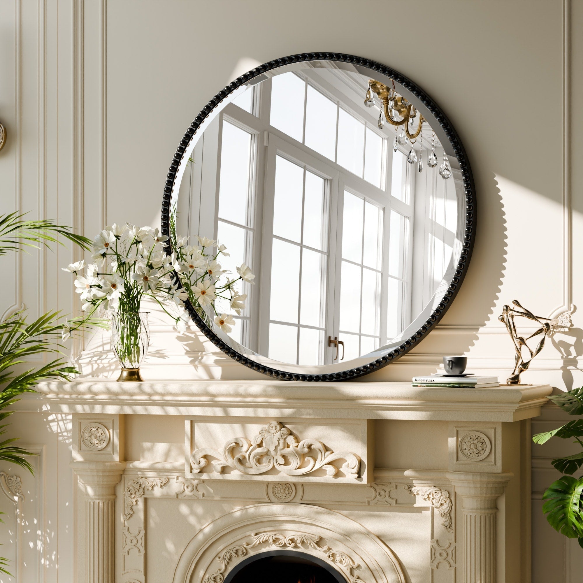 Vintage Round Bathroom Mirror with Beaded Frame