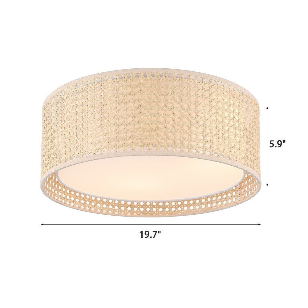 WINGBO Modern 3-Light Flush Mount Ceiling Light Fixture with Rattan & Fabric Double Drum Shade