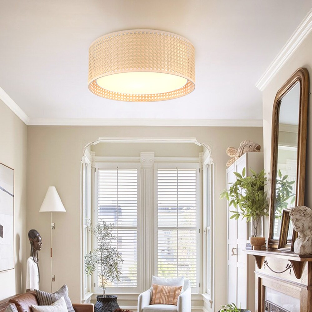 WINGBO Modern 3-Light Flush Mount Ceiling Light Fixture with Rattan & Fabric Double Drum Shade