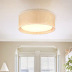 WINGBO Modern 3-Light Flush Mount Ceiling Light Fixture with Rattan & Fabric Double Drum Shade