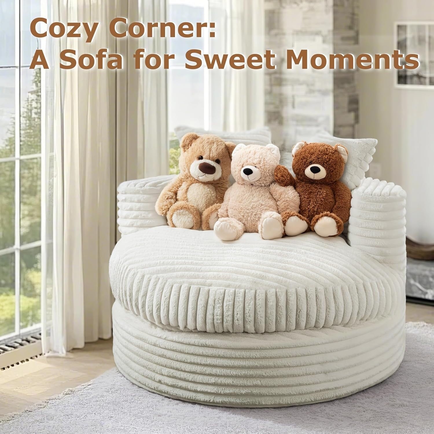 WOWMAX 47 Round Chaise Lounge Chair Indoor, Upholstered Corduroy Floor Sofa Oversized Sleeper Chair with 2 Throw Pillows