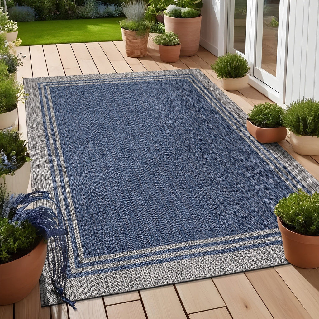 Washable Bordered Indoor Outdoor Rug for Patio, Deck, Porch