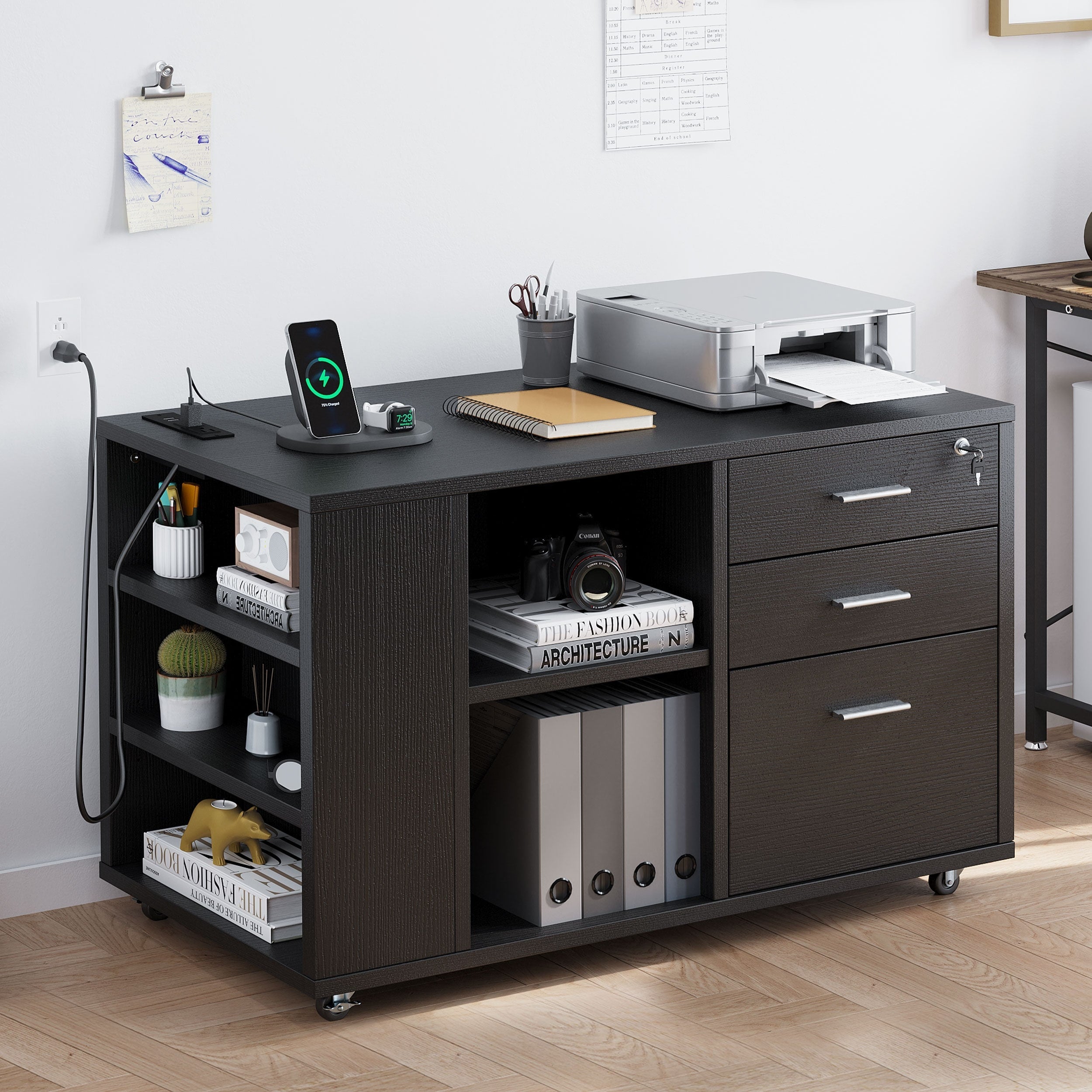 Wood File Cabinet with Charging Station Mobile Lateral Filing Cabinet Lockable Fits A4 Letter Legal Size Files