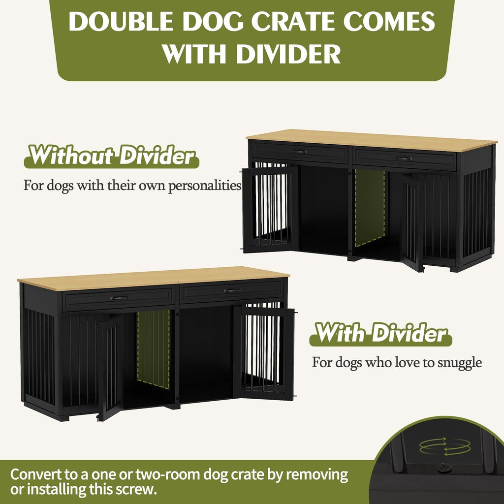 Wooden Double Dog Crate Kennel Furniture with 2 Drawers & Divider