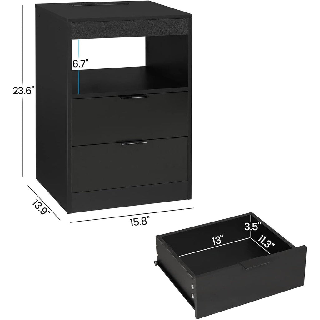 2 Drawers LED Nightstand Wireless Charging Station Pull-Out Shelf